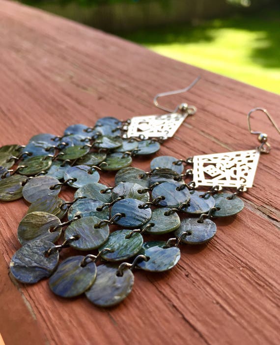 Peacock Grey Mussel Shell Lazer Lace Drop Earrings