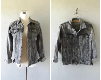 gray stone wash denim jacket | vintage 90s grunge cotton blue jean coat size s/m small medium rocker top dress 1990s normcore hippie boho