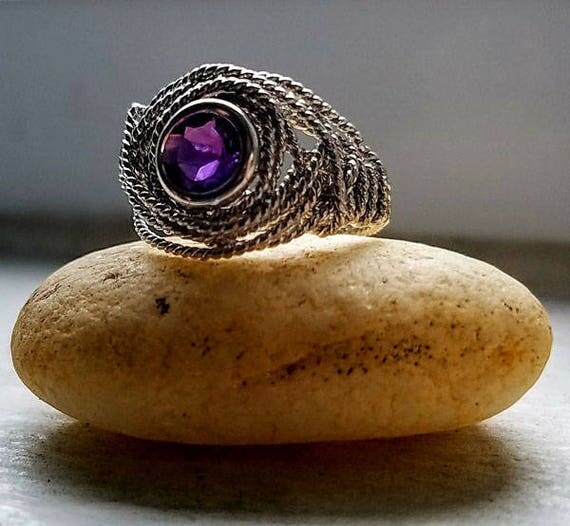 Natural Amethyst Gemstone Argentium Silver Twist Wire Ring Size 5.5
