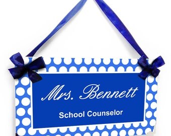 personalized school counselor classroom door sign - white and royal polka dots - graduation gift - P2623