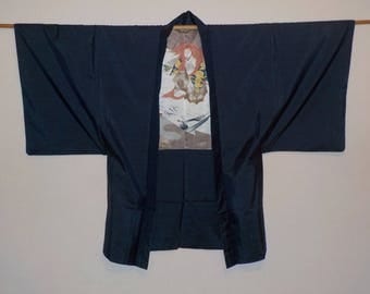 Vintage haori for men - Oshima tsumugi, Dark indigo blue