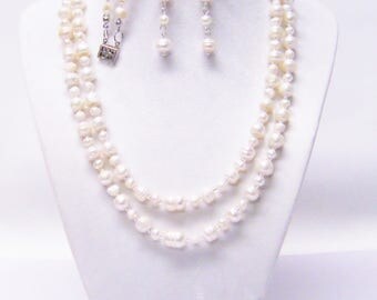 Double Strand White Freshwater Pearl Necklace/Bracelet/Earrings