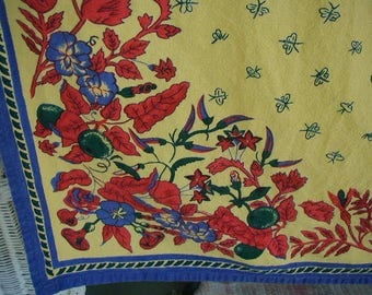 Vintage Tablecloth, 100% Cotton, Provence Style Blue, Yellow, & Red, Border Design, 68 x 102", With 4 Matching Napkins, Summer Picnic