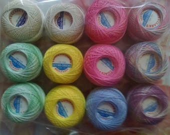 TATTING THREAD; crochet thread; Vintage; 12 balls, NOS, Coats & Clark, Sh. Greens, Sh.Lav, Pastels, Yellow, Pink, Ecru, Blue, pnk/blue pastl