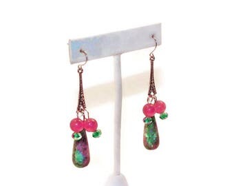 Teardrop Cluster Earrings, Long Drop Earrings, Ruby In Fuchsite Earrings