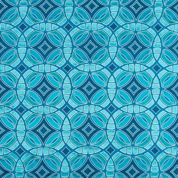 Geometric Teal Embroidered Upholstery Fabric Aqua Silk
