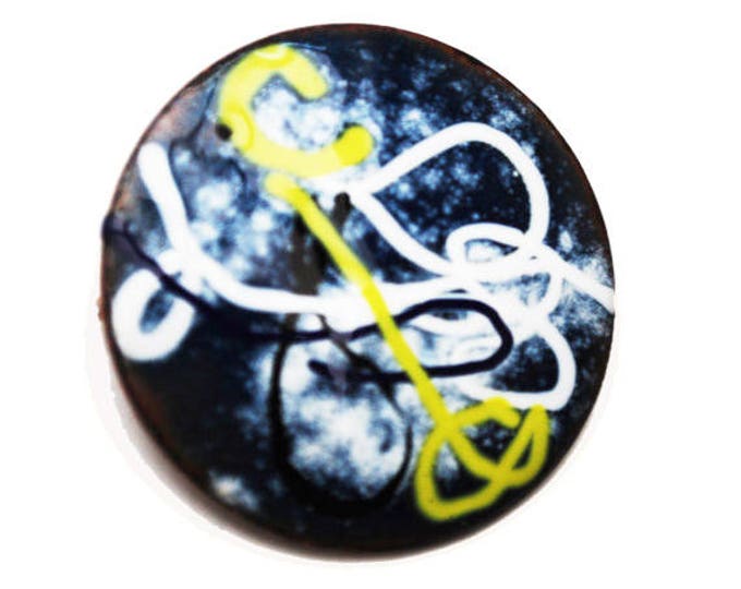 Modern Enamel Copper Brooch - Mid Century - White black yellow swirl - Round Mod Pin