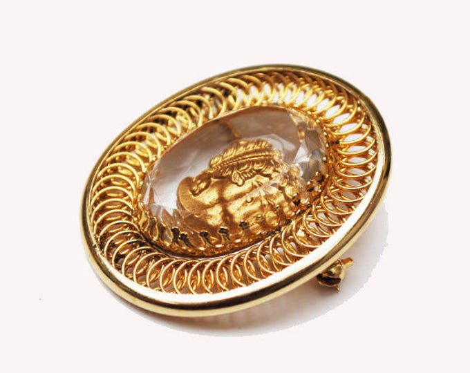 intaglio cameo Brooch - reversed Carved - Roman bust with Gold plated twisted Coil wire - Crystal pin