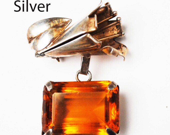 Art Nouveau - Sterling Silver - Brown Orange Amber - Topaz crystal glass flower- dangle bar brooch