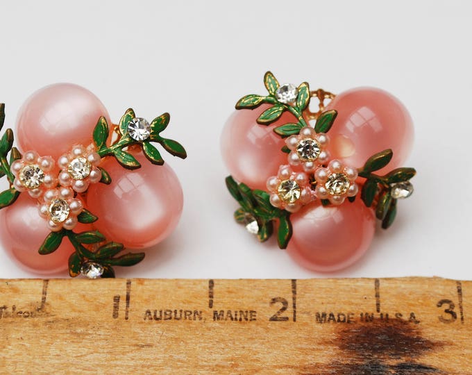 Pink flower earrings - moonglow Lucite - Clear rhinestone -White Pearl- Green Enamel - Clip on earrings