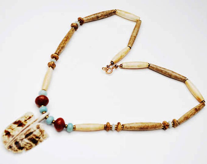 Boho Bone Feather Necklace - blue Chalcedony - Carnelian Jasper gemstone - brass gold beads