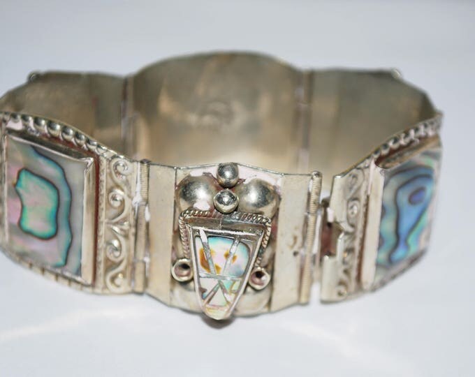 Taxco Sterling Mask face link bracelet - Abalone Shell - AR Mexico signed - Tribal - 925 bangle