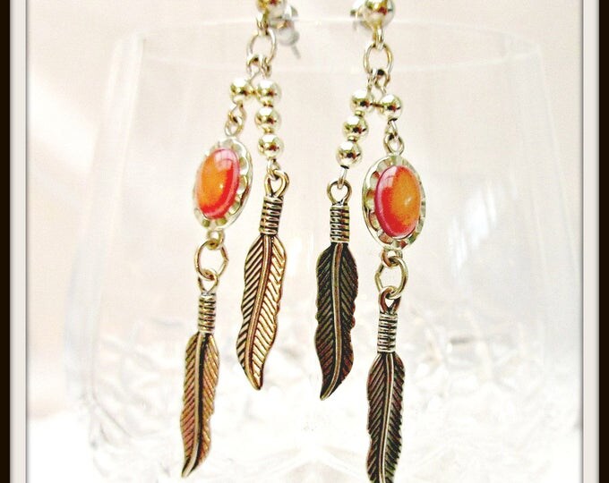 Sterling peach agate Feather earrings -signed WM Co - Native American = pierced dangle