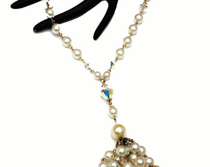 Crystal Pearl Tassel Necklace - Aurora borealis - white pearl - gold - mid century - Bride Wedding