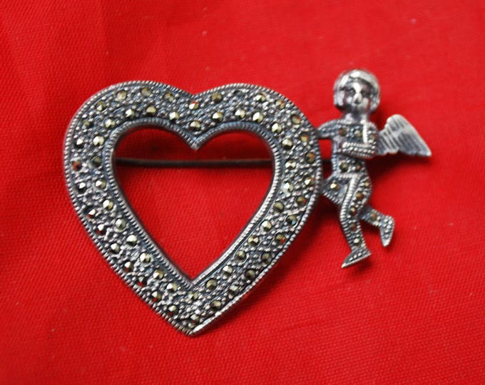 Sterling Heart Brooch - Sterling Silver - Marcasite - Cupid pin