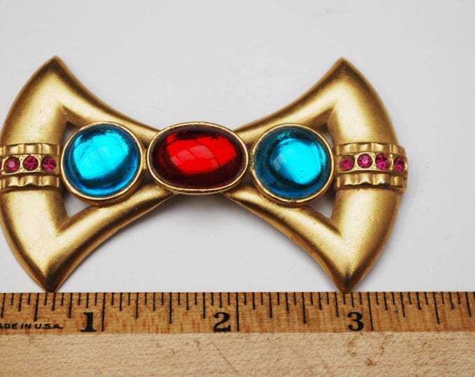 Bow Bar Brooch - Red blue cabochon - Rhinestone Art Deco Style pin