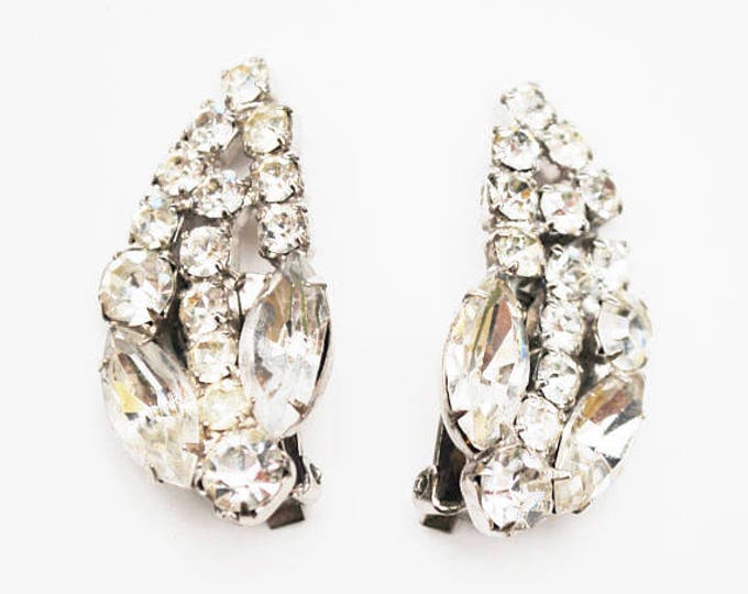 Clear Rhinestone earrings - Floral Leaf - Clip on Earrings- Wedding Bride