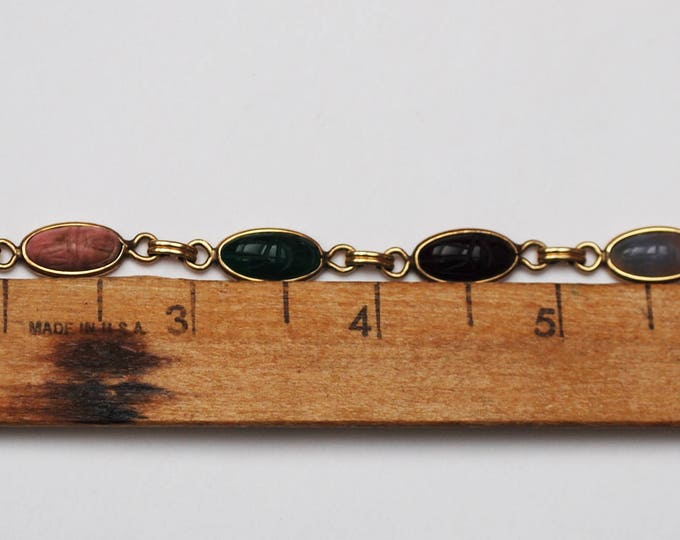 Gemstone Link Scarab Bracelet -12 kt gold Filled - signed Sojar - Egyptian Revival - Beetle - tiger eye -agate -onyx -Jasper