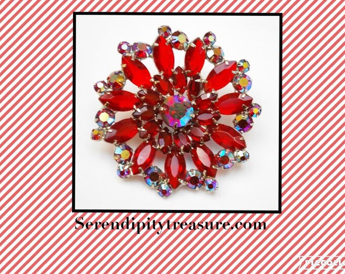 Red Rhinestone Flower Brooch - red Crystal Glass Auroral borealis -Silver - Floral Mid century Pin