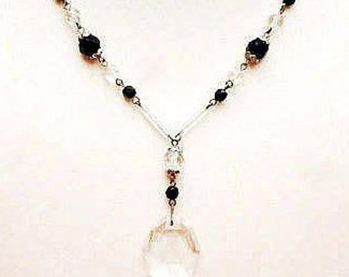 Czech crystal necklace - Glass Pendant - clear and black glass beads - signed