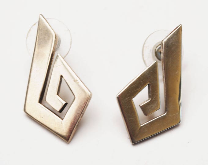 Sterling modern Earrings - Signed Mexico -abstract diamond -Modernistic - Large silver pierced earring