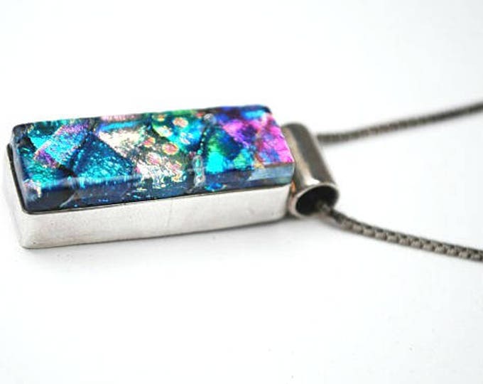 Dichroic Fused Glass Necklace - Sterling silver - Mexico Pendant- Italy chain Blue green Aqua Purple art glass necklace