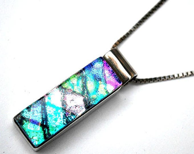 Dichroic Fused Glass Necklace - Sterling silver - Mexico Pendant- Italy chain Blue green Aqua Purple art glass necklace