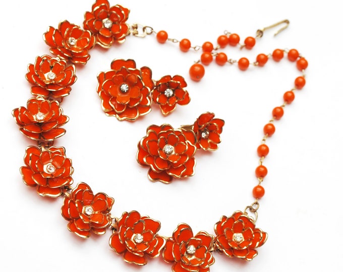 Orange Flower necklace earring set -Plastic floral - clear rhinestone - gold trim