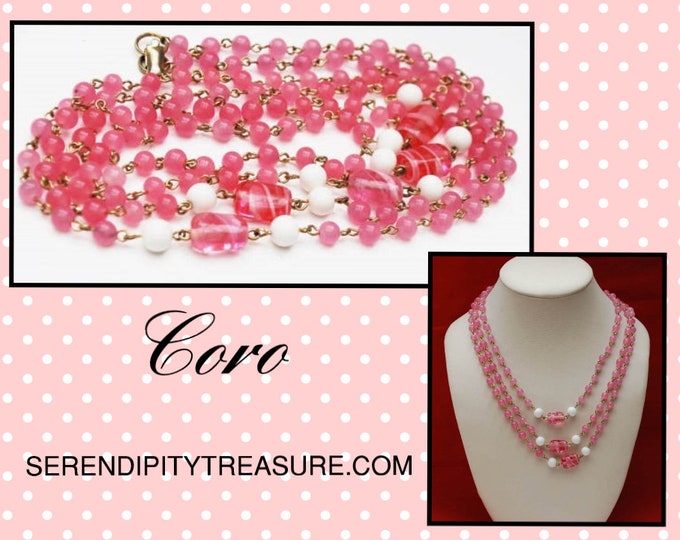 Coro Long Bead Necklace - Pink art glass beads - White milk glass - Signed - Mod century Vintage - 60 inches