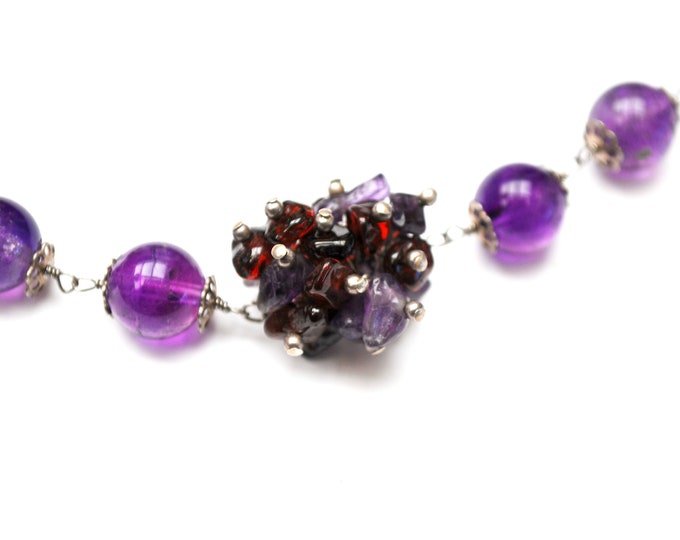 Amethyst round beads Necklace - garnet amethyst chip cluster - sterling - 35 inches long -Purple gemstone