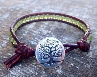 XMAS IN JULY peridot beaded leather wrap bracelet lime green and silver one wrap with silver tree August birtstone birthday gift