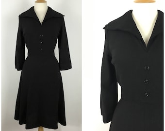 Vintage 1940s Dress - 40s Black Wool Crepe Tea Dress - Shirtwaist Dress - Winged Collar - Wartime wwII Era - Medium - UK 12 / US 8 / EU 40