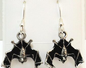 Black Enameled Pewter Bat Charms on Sterling Silver Ear Wire Dangle Earrings - 5228