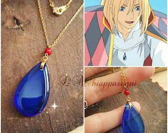 Howl's Moving Castle Inspired - Studio Ghibli - Howl's Moving Castle Necklace - Howl Cosplay - glass blue stone - 18k gold plated chain