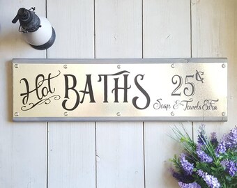 Hot Baths Farmhouse Style Sign - Galvanized Metal Decor - Bathroom Wall Decor - Bathroom Sign - Bathroom Decor - Industrial Decor
