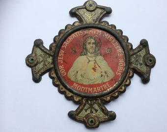 Old tin-plate Ex voto Sacré coeur, Montmartre, French religious plaque,Sacred Heart of Jesus plaque