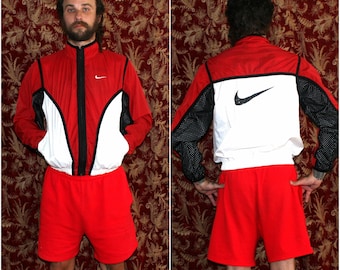 90s Nike Windbreaker. Red And White Multi Color Block Zip Up Nylon L Jacket.Athletic Dope Funky Jogging Coat Retro 90s Hip Hop
