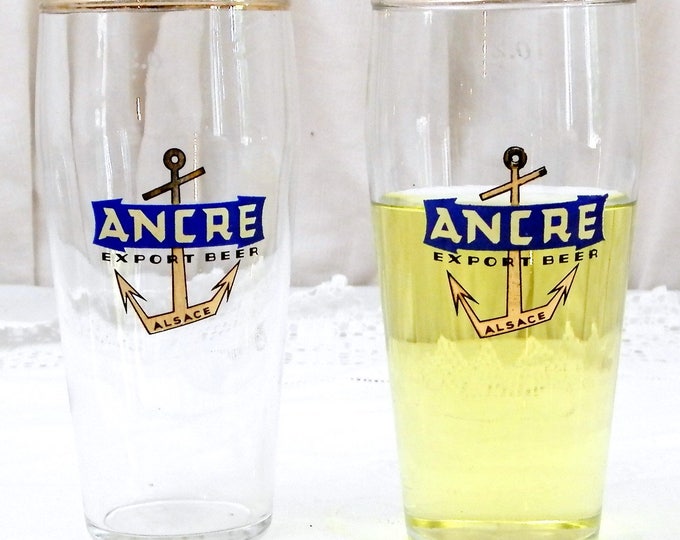 2 Vintage French Beer Glasses "Ancre Export Beer" From Alsace in Eastern France, Pair of 0.25 cl Glasses with Gold Rim and Anchor Motif