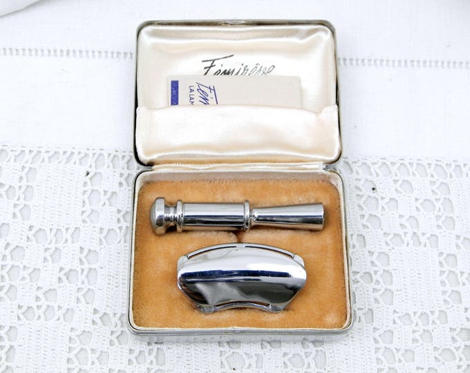 Vintage Unused Travel Folding Lady Safety Razor by Femireve from Paris in Engraved Metal Satin and Velvet Lined Box Complete with Blade,