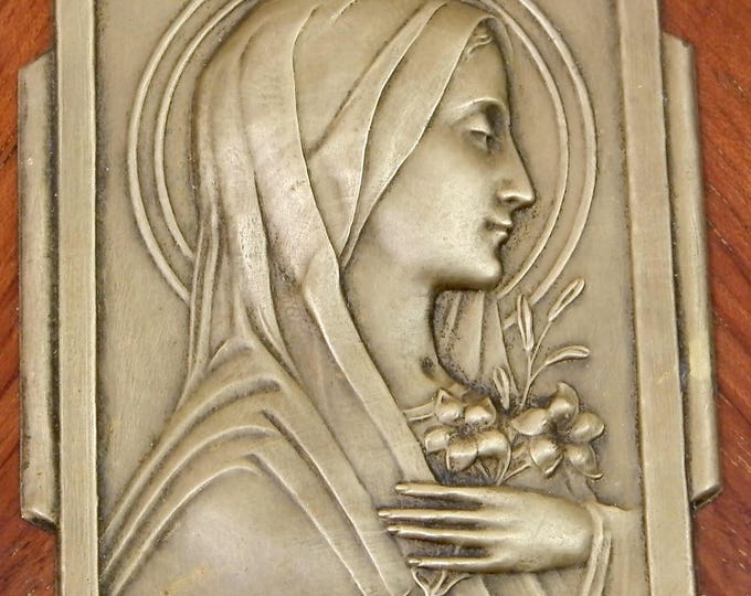 Vintage Art Deco French Bas Relief of St Theresa Brass and Exotic Wood Wall Hanging, Religious Profile of Saint Therese, Catholic Picture Vintage Art Deco French Bas Relief of St Theresa Brass and Exotic Wood Wall Hanging, Religious Profile of Saint Therese, Catholic Picture