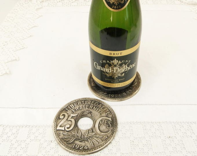 2 Vintage Cast Metal Coasters for Wine Bottles Shaped as 1924 French Coins with Original Box, Retro Coin Coaster from France, Dinner Party