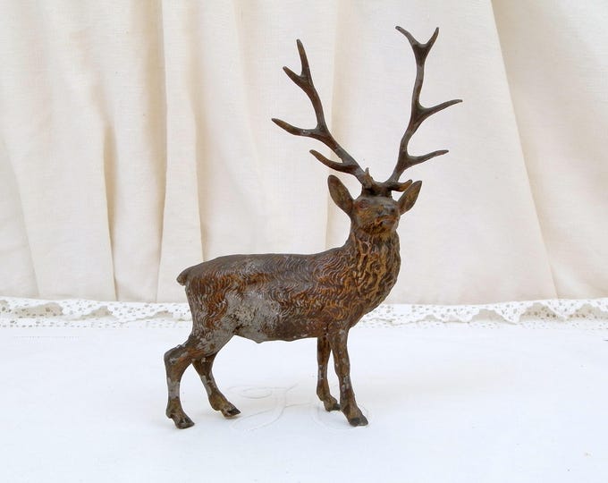 Antique Cold Painted Cast Metal Stag with Large Antlers Sculpture, Deer Statue, Forest Animal, French Brocante Decor Christmas Chreche