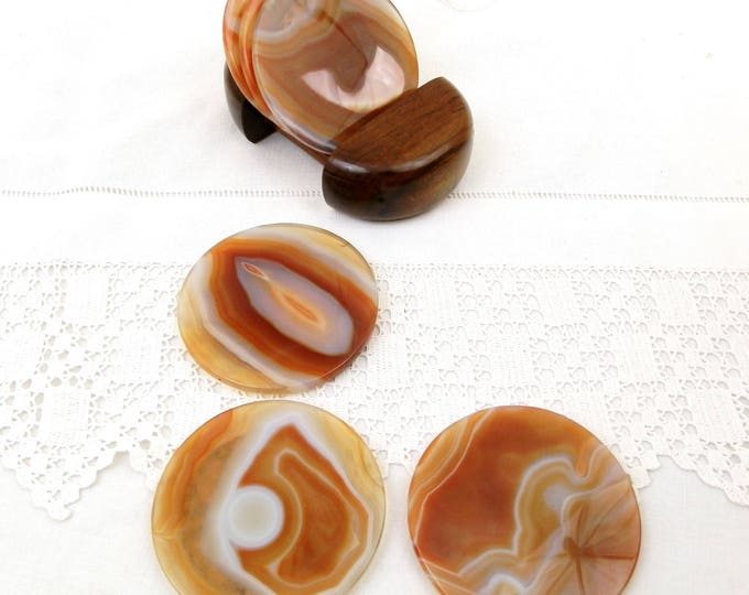 Vintage 6 Round Onyx / Agate Orange and White Polished Stone Drinks Coasters with Stacking Rack, Retro Home Interior, Entertaining, Barware Vintage 6 Round Onyx / Agate Orange and White Polished Stone Drinks Coasters with Stacking Rack, Retro Home Interior, Entertaining, Barware