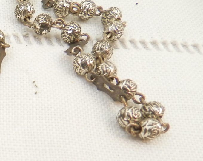 Vintage 1960s Small Delicate Silver Plated Rosary Beads and Crucifix, French Rose Shaped Religious Beads