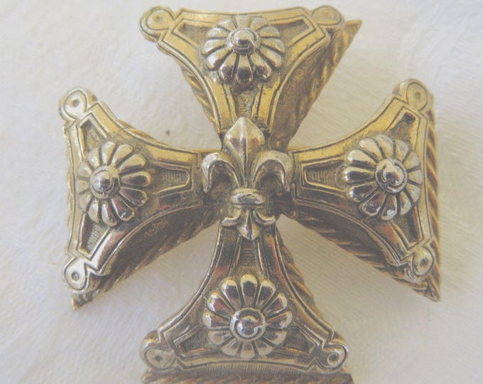 Maltese Cross Brooch Heraldic Fleur De Lis Pin, Heraldic Jewelry, Signed Accessocraft Vintage Malta Cross Designer Signed Jewelry