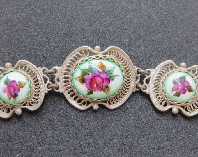 Vintage Rose Bracelet, Sterling Cannetille, Porcelain Rose Panels, Filigree & Roses, Garden Wedding,