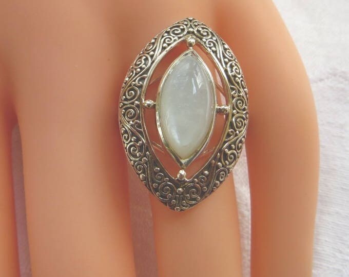 Sajen Moonstone Ring, Sterling Silver, Milky Moonstone Statement Ring, Bali Style Jewelry