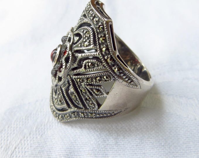 Art Deco Garnet Ring, Sterling Silver Marcasite Ring, Vintage Art Deco Jewelry, Size 7 Ring