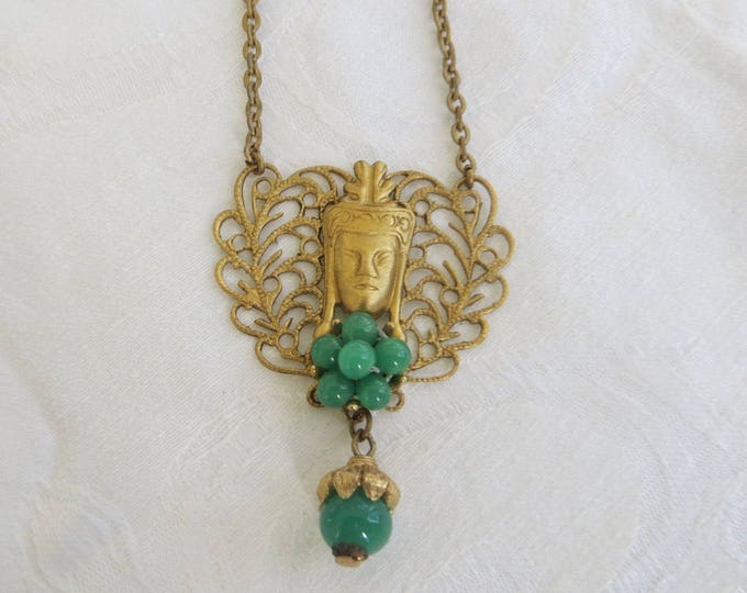 Vintage Buddha Necklace, Filigree with Peking Glass Beads, Bib Style, Spiritual Jewelry, 24 Inch Chain