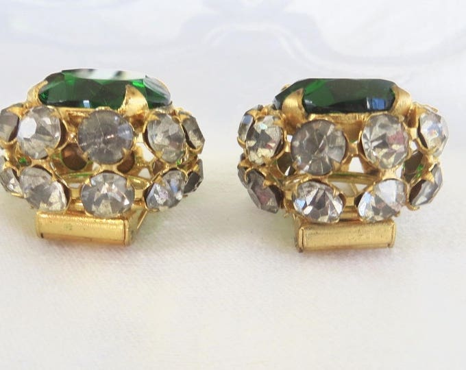 Vintage French Dress Clips, French Fur Clips, Art Glass Clips, Green Faceted stone, Paris Jewelry, Art Deco Jewelry, Spectacular!